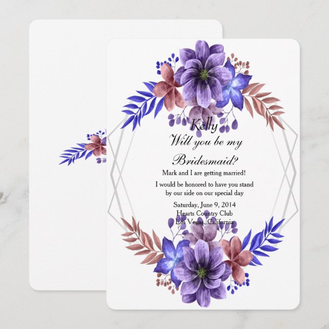 Purple And Blue Watercolor Floral Bridesmaid Invitation (Front/Back)