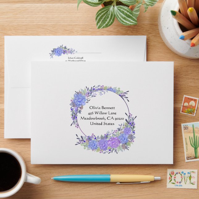 Purple and Blue Watercolor Floral Envelope (Desk)