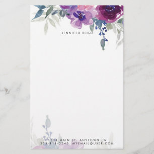Purple and blue watercolor floral personalised stationery