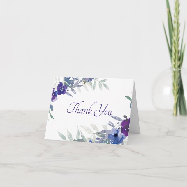 Purple and blue watercolor floral thank you card (Front)