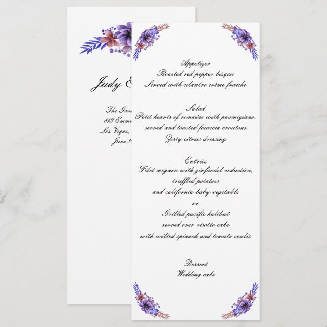Purple And Blue Watercolor Floral Wedding Menu Invitation (Front/Back)