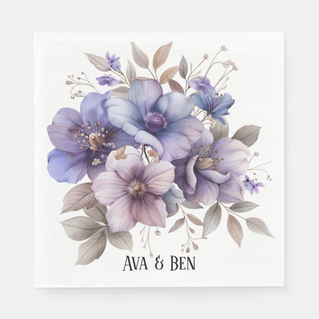 Purple and Blue Watercolor Floral Wedding Napkin (Front)
