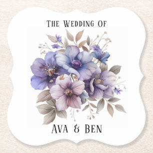 Purple and Blue Watercolor Floral Wedding Paper Coaster