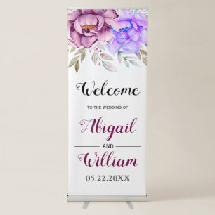 Purple and blue watercolor flowers floral wedding retractable banner