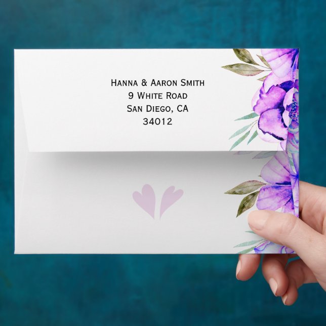 Purple and blue watercolor garland wedding envelope (Hand)