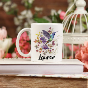 Purple and Blue Watercolor Hummingbird Floral Coff Coffee Mug