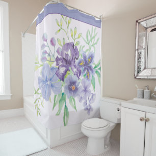 Purple and blue watercolor irises shower curtain