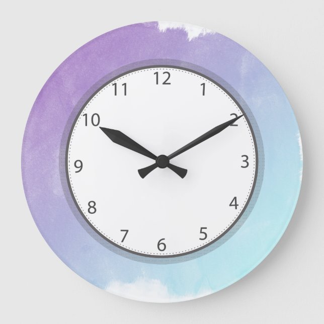 Purple and Blue Watercolor Washed Grey Numbers Large Clock (Front)