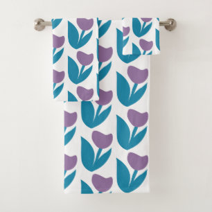 Purple and Blue Whimsical Abstract Flower Pattern Bath Towel Set