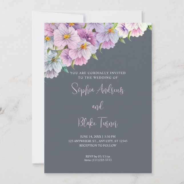 Purple and Blue Wildflowers Grey Garden Wedding Invitation (Front)