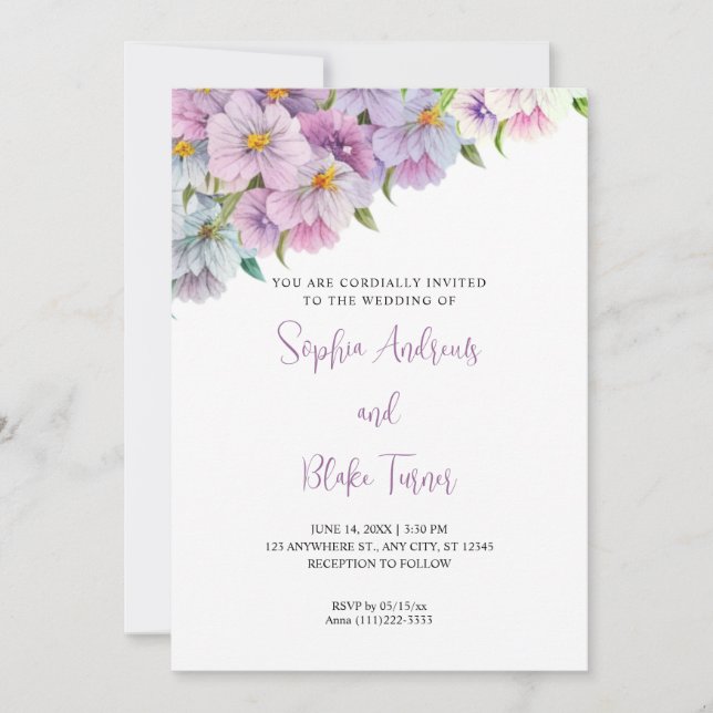 Purple and Blue Wildflowers White Garden Wedding Invitation (Front)