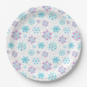 Purple and Blue Winter Snowflakes Paper Plate