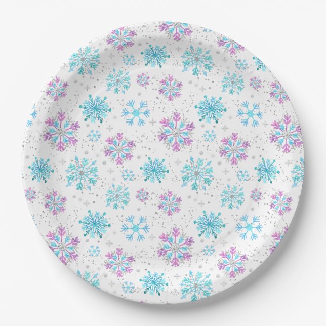 Purple and Blue Winter Snowflakes Paper Plate (Front)