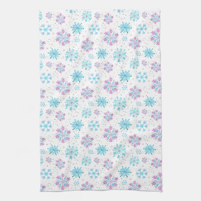 Purple and Blue Winter Snowflakes Tea Towel (Vertical)