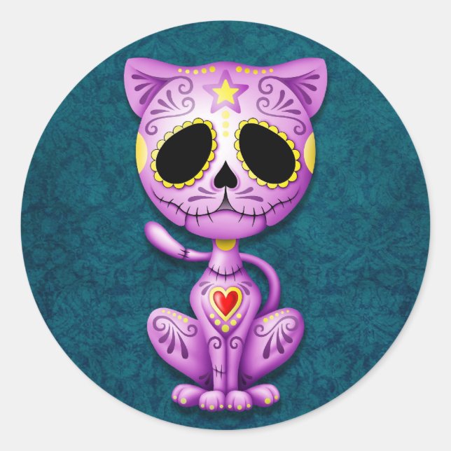 Purple and Blue Zombie Sugar Kitten Classic Round Sticker (Front)