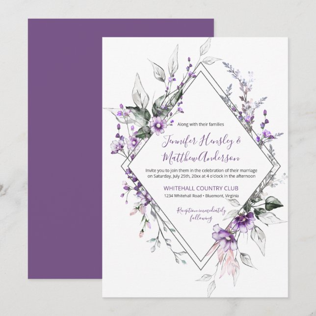 Purple and Blush Diamond Frame Wedding | Invitation (Front/Back)
