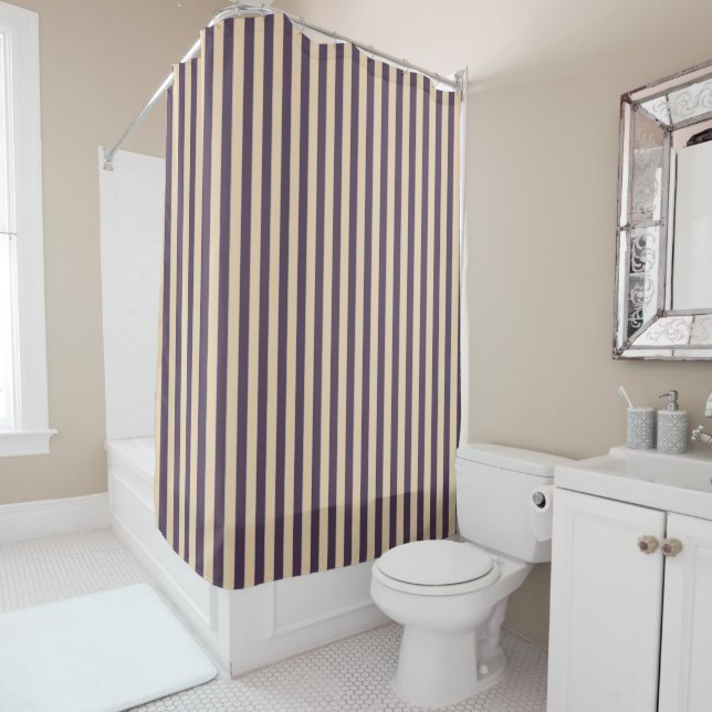 Purple and blush pink line stripes pattern shower curtain (In Situ)