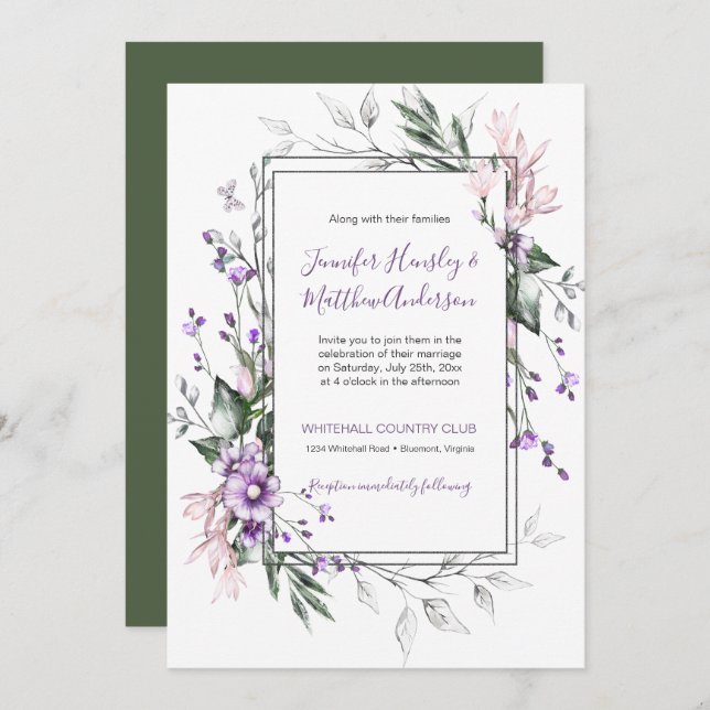Purple and Blush Pink Watercolor Floral Wedding Invitation (Front/Back)