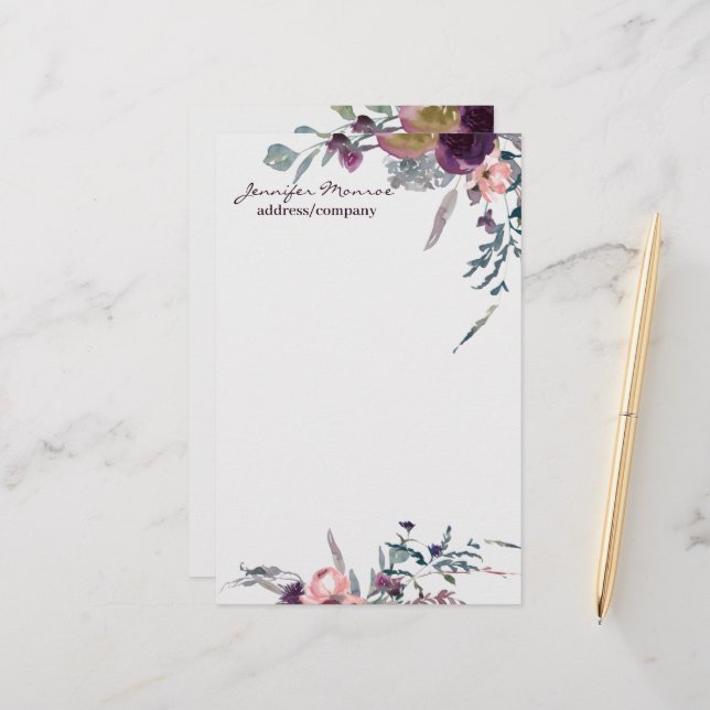 Purple and blush watercolor flora personalised stationery (Front/Back In Situ)