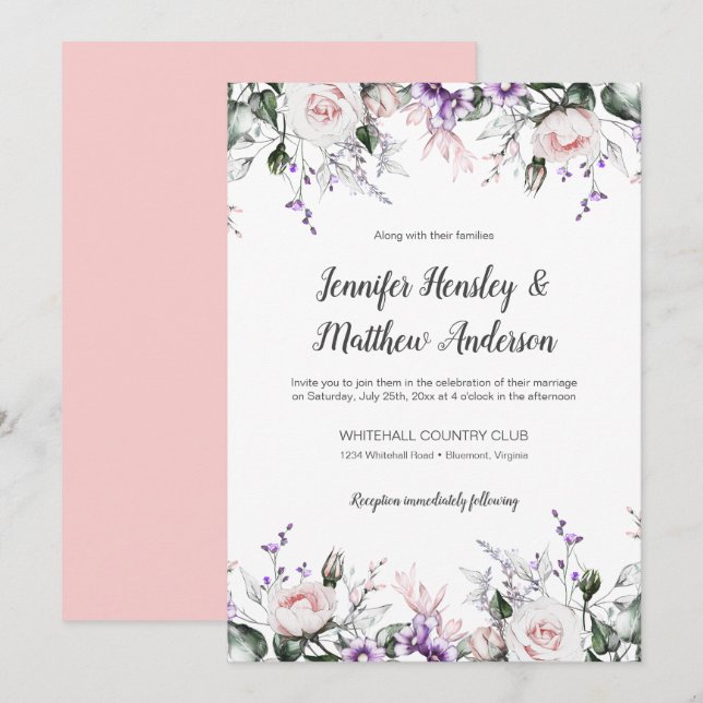 Purple and Blush Watercolor Floral Drop Wedding | Invitation (Front/Back)