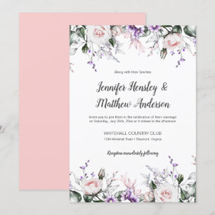 Purple and Blush Watercolor Floral Drop Wedding Invitation