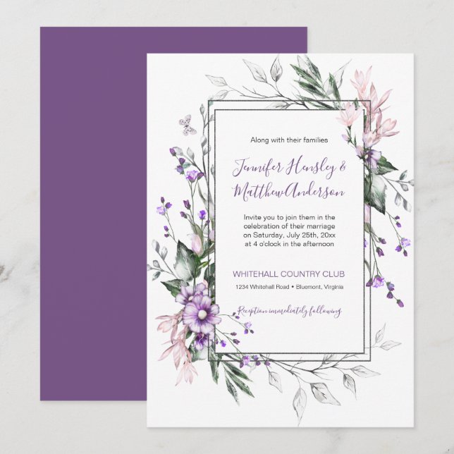 Purple and Blush Watercolor Floral Rectangle | Invitation (Front/Back)