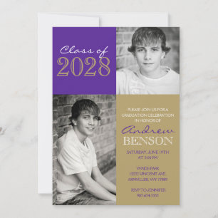 Purple and Bronze Gold Classic 2 Photo Graduation Invitation