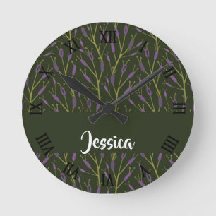Purple and brown floral branches pattern round clock