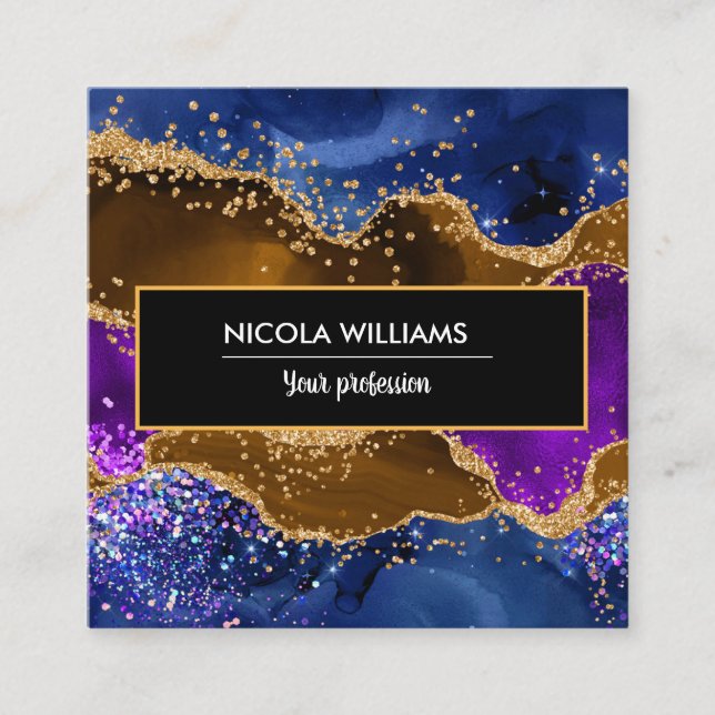 Purple and Brown Glitter Peacock Agate Square Business Card (Front)