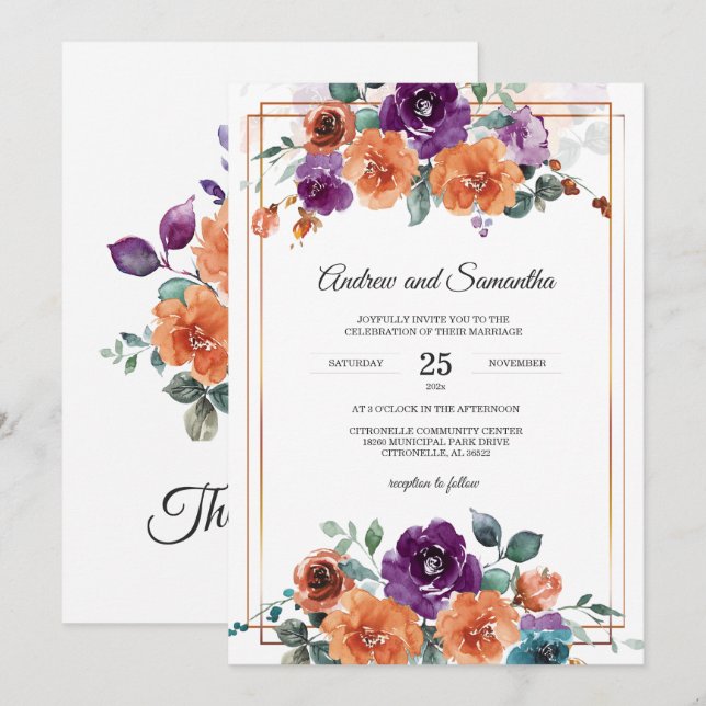 Purple and Burnt Orange Wedding Colours Invitation (Front/Back)