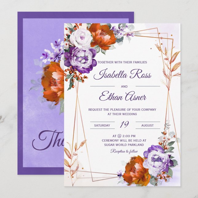 Purple and Burnt Orange Wedding Invitation (Front/Back)