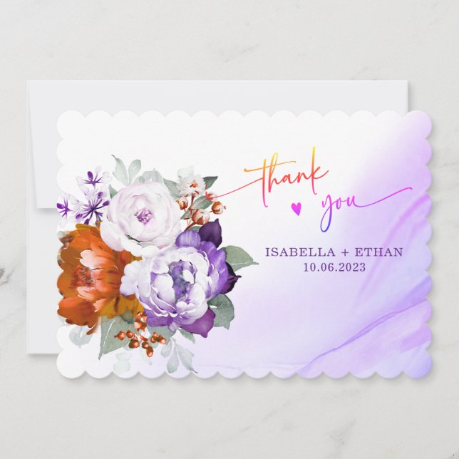 Purple and Burnt Orange Wedding Thank You card (Front)