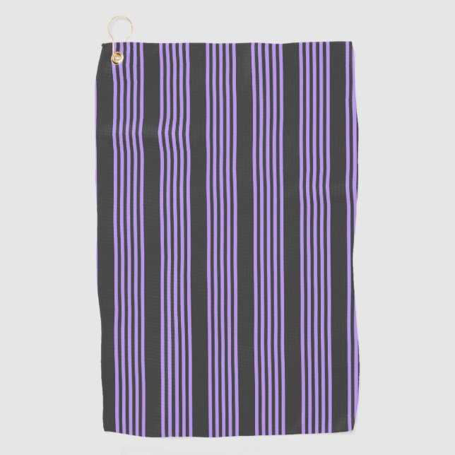 Purple and charcoal five stripe pattern golf towel (Front)
