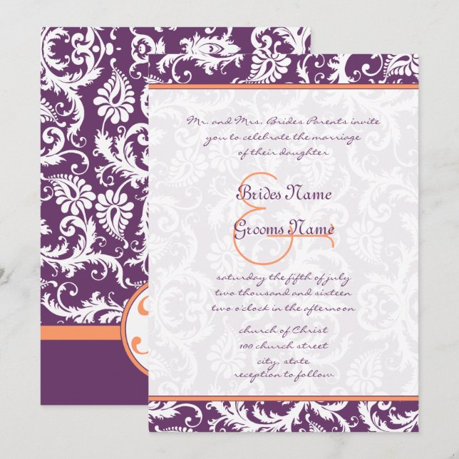 Purple and Coral Damask Swirl Wedding Invitations (Front/Back)