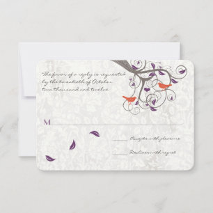 Purple and Coral Tree Love Birds Wedding RSVP Card