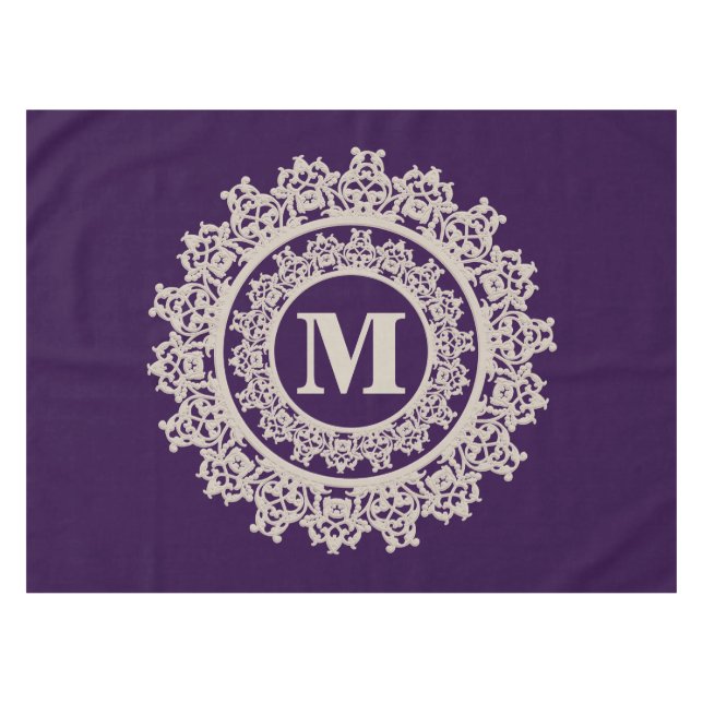 Purple and Cream Elegant Monogram Tablecloth (Front (Horizontal))