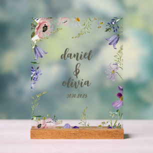 Purple and Cream Floral Bordered Wedding Acrylic Sign
