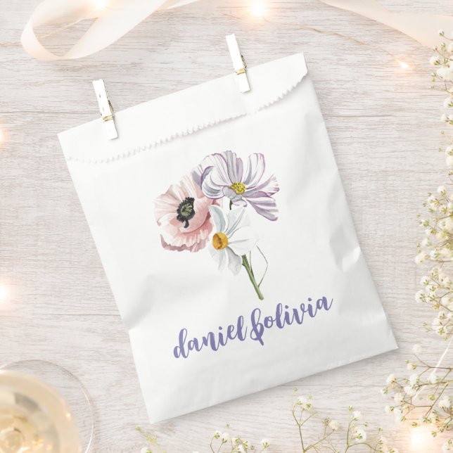 Purple and Cream Floral Bordered Wedding Favour Bags (Clipped)