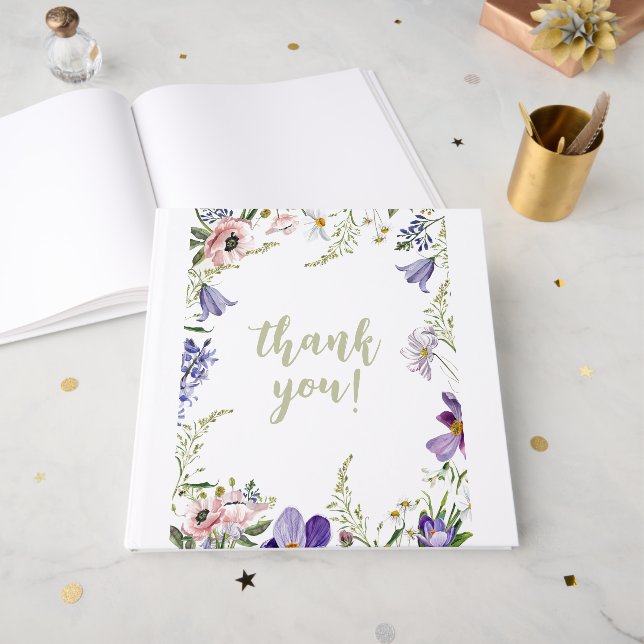 Purple and Cream Floral Bordered Wedding Guest Book (Front Open)