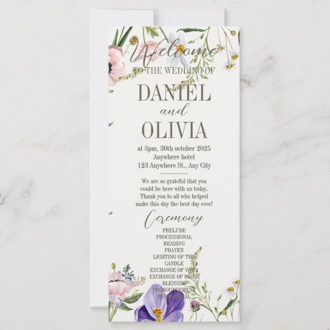Purple and Cream Floral Bordered Wedding Programs (Front)