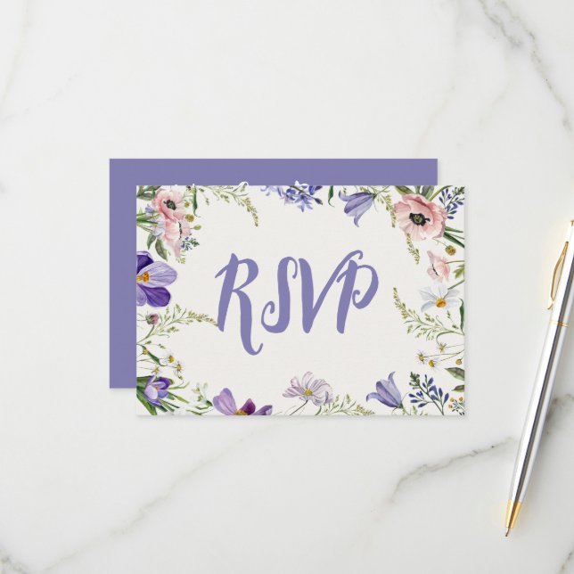 Purple and Cream Floral Bordered Wedding RSVP Card (Front/Back In Situ)