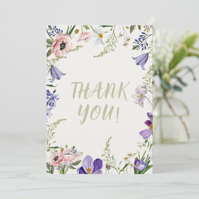 Purple and Cream Floral Bordered Wedding Thank You Card (Standing Front)