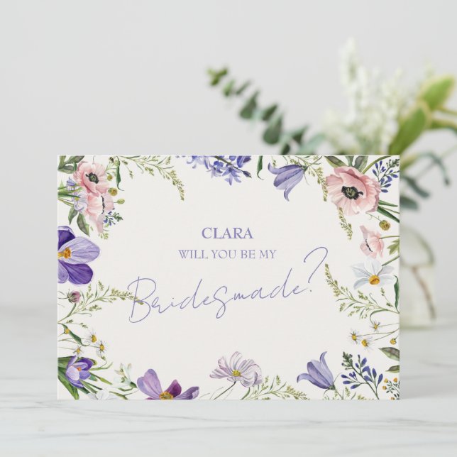 Purple and Cream Floral Bordered WeddingBridesmade Invitation (Standing Front)