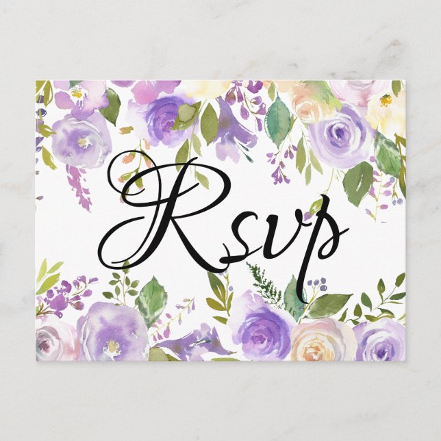 Purple and Cream Floral Wedding RSVP Meal Choices Invitation Postcard (Front)