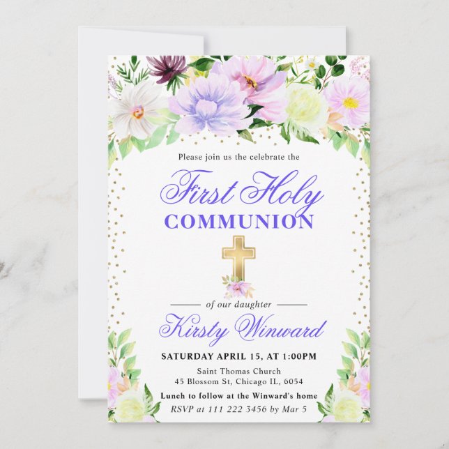 Purple and Cream Flowers First Holy Communion Invitation (Front)