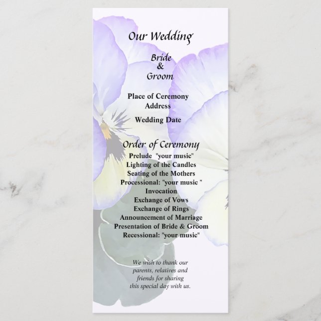 Purple and Cream Pansies Programme (Front)