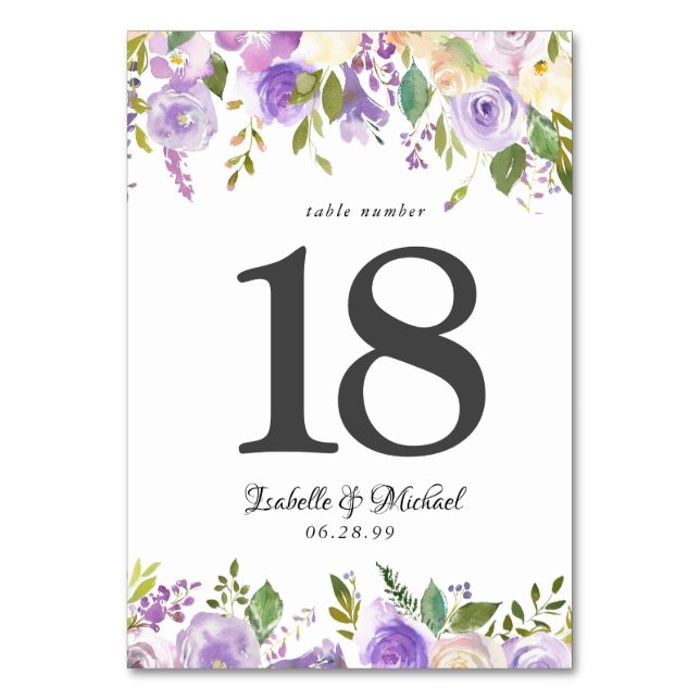 Purple and Cream Rose Floral Table Number Cards (Front)
