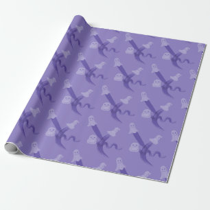 Purple and cute ghosts flying on a lilac wrapping paper