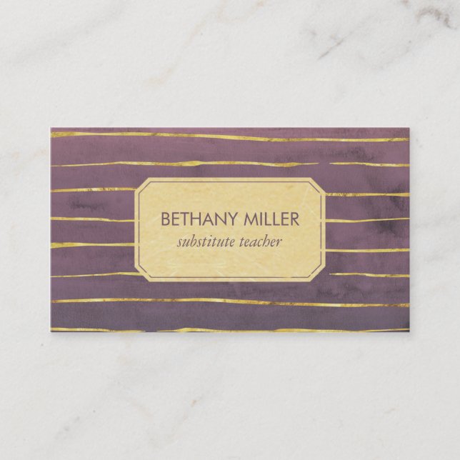 Purple and Faux Gold Foil Stripes Business Card (Front)