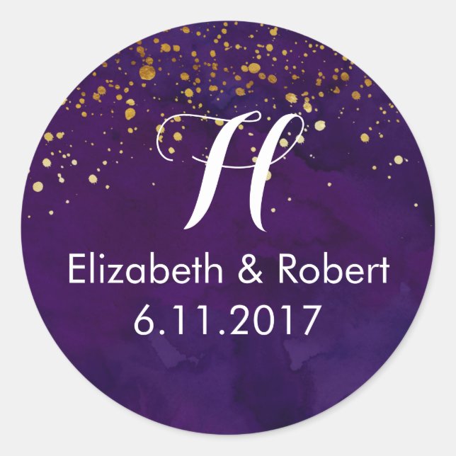Purple and Faux Gold Glitter Classic Round Sticker (Front)